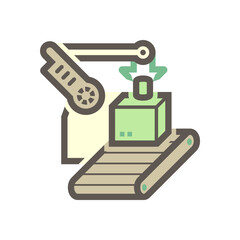 Robot, production line vector icon. Consist of robot hand, arm, product, box packaging, conveyor belt and machine. Automation engineering technology for industry i.e. assembly, manufacturing, process.