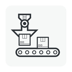 Robot, production line vector icon. Consist of robot hand, arm, product, box packaging, conveyor belt and machine. Automation engineering technology for industry i.e. assembly, manufacturing, process.