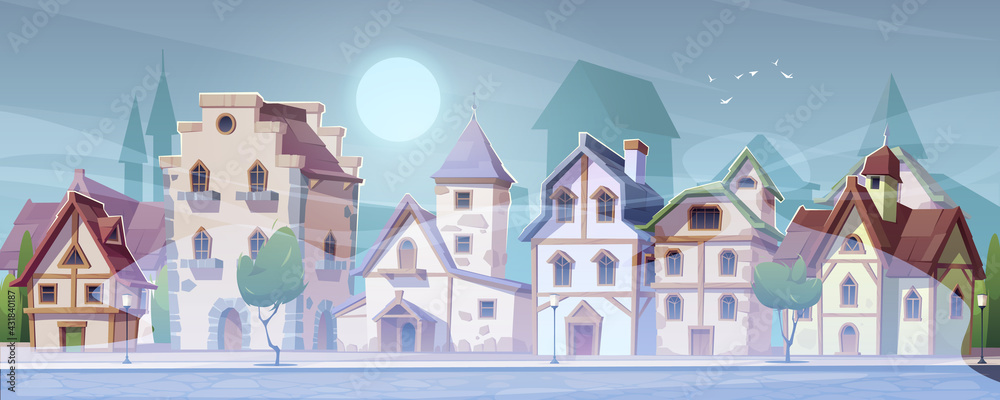 Wall mural Medieval german street with half-timbered houses in white fog. Traditional european buildings in old town or village at misty weather. Vector cartoon summer landscape with fachwerk cottages and mist