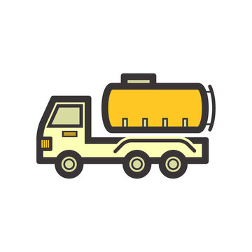 Tank truck vector icon. Also called fuel or tanker truck. Transport vehicle with big cistern container for storage, delivery of water, chemical and petroleum i.e. oil, gas, petrol, gasoline and diesel