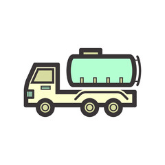 Tank truck vector icon. Also called fuel or tanker truck. Transport vehicle with big cistern container for delivery liquid, gas i.e. water, chemical and petroleum i.e. oil, petrol, gasoline, diesel.