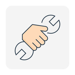 Hand hold spanner vector icon. That professional of industry work i.e. worker, mechanic, repairman or technician. Concept for maintenance and service i.e. auto car repair, construction and plumbing. 