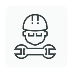 Worker character vector icon. Consist of safety hard hat, man and spanner. Avatar of professional industrial work i.e. builder, workman, engineer or contractor to fix, service, repair and maintenance.