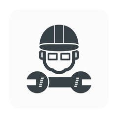 Worker character vector icon. Consist of safety hard hat, man and spanner. Avatar of professional industrial work i.e. builder, workman, engineer or contractor to fix, service, repair and maintenance.