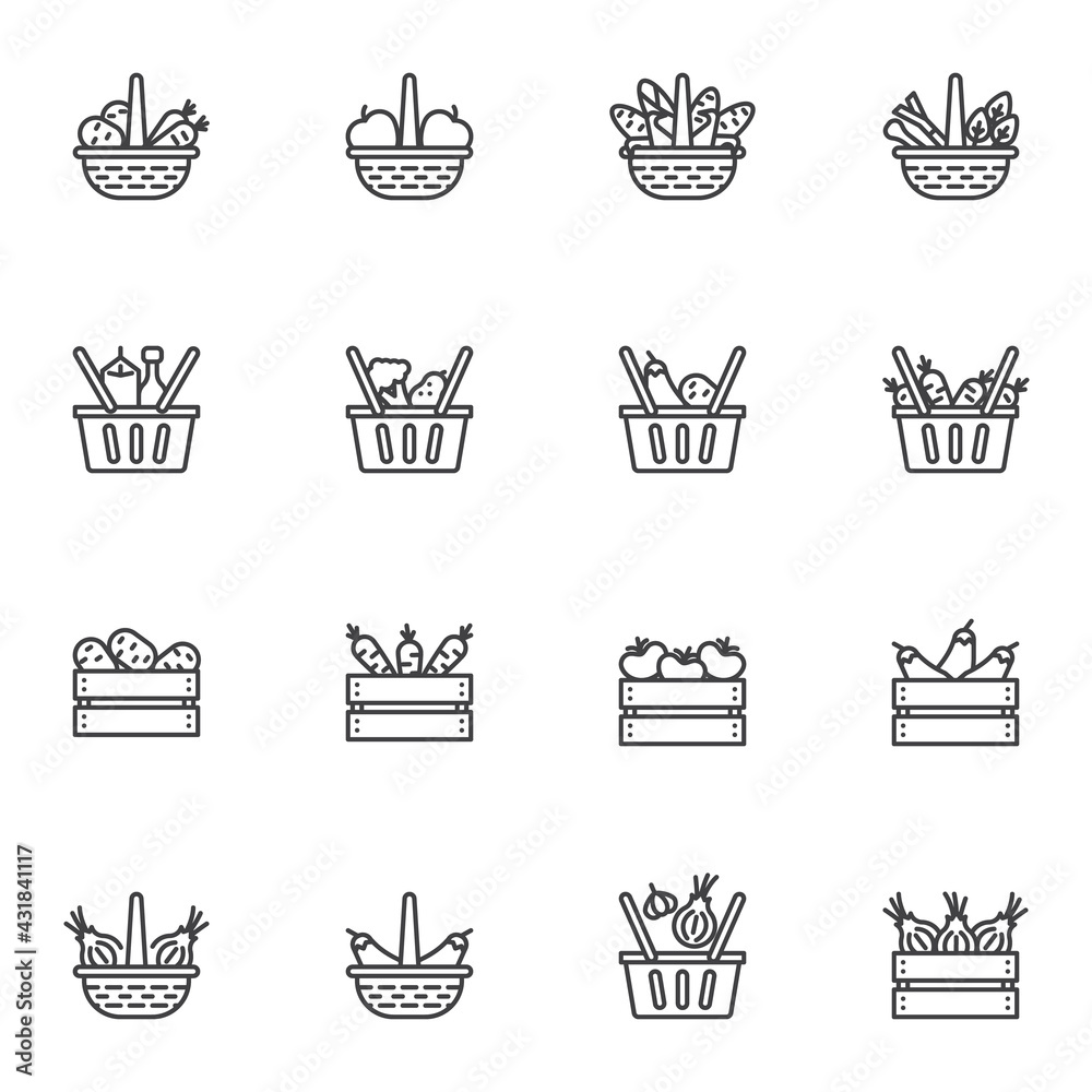 Wall mural food basket line icons set - Wall murals