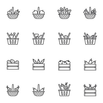 Food basket line icons set