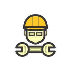 Worker character vector icon. Consist of safety hard hat, man and spanner. Avatar of professional industrial work i.e. builder, workman, engineer or contractor to fix, service, repair and maintenance.