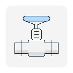 Valve and steel pipe vector icon. Equipment for shut off or control water, oil and natural gas in pipeline and pump system of tap, plumbing, heating and chemicals in factory and industrial plant.
