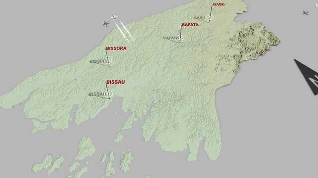 Seamless looping animation of the 3d terrain map of Guinea Bissau with the capital and the biggest cites in 4K resolution
