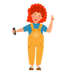 a curly-haired, red-haired girl takes a selfie with her phone. Wireless technology.