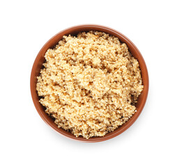Bowl with tasty quinoa on white background