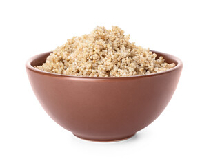 Bowl with tasty quinoa on white background