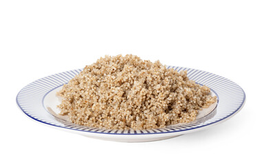 Plate with tasty quinoa on white background