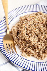 Plate with tasty quinoa and fork on light background, closeup