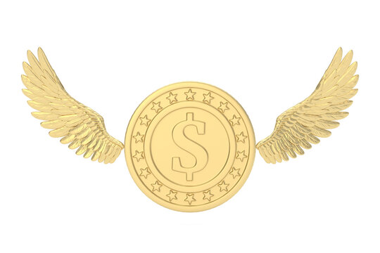 Gold wings with coin isolated on white background. 3D illustration.