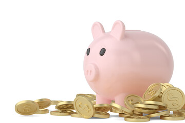 Pink piggy bank with gold coin rain on white background. 3D rendering. 3D illustration.