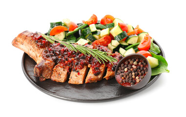 Tasty steak with spices and vegetables on white background