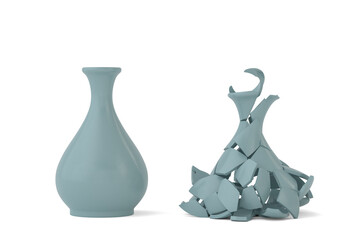 Blue vase and broken vase on white background. 3D rendering. 3D illustration.