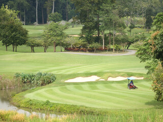 Golf course worker using a ride on lawn mower cuts the grass on the fairway in a pattern of lines on an immaculately prepared fairway with trees in the background