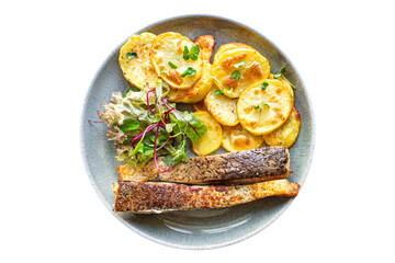 baked fish and potato fried slice garnish seafood omega diet meal snack copy space food background rustic top view
