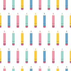 Funny seamless pattern with with cartoon cute pencils. Back to school background.