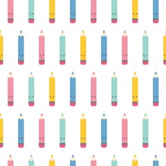 Funny seamless pattern with with cartoon cute pencils. Back to school background.