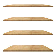 4 Wood shelves table isolated on white background and display montage for product.