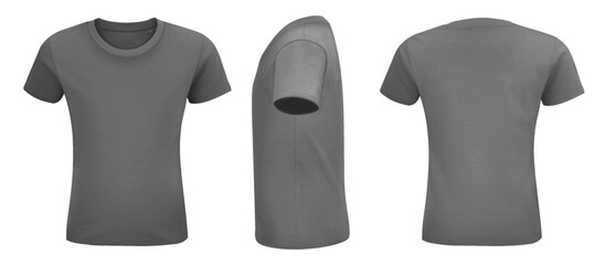 Photo-realistic t-shirt mockup. Front, side and back isolated on a white background. Advertising textile print vector set. Template collection.