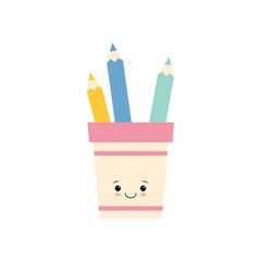 pencil holder Cute character. Back to school. Colorful vector illustration. Cartoon style. Isolated on white background.