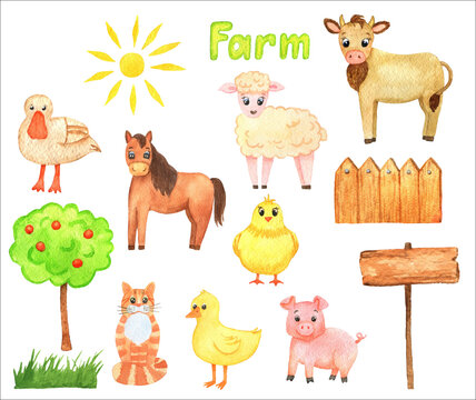 Watercolor illustration. Hand drawn farm animals set: cow,horse, pig.