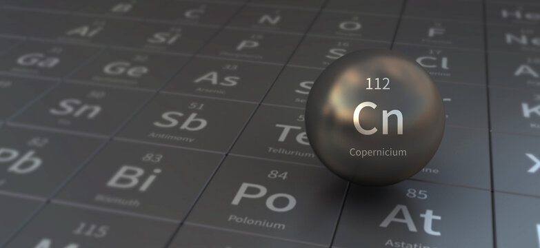 copernicium element in spherical form. 3d illustration on the periodic table of the elements.