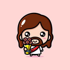 Cute cartoon jesus vector design holding flowers