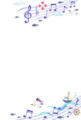 音符とマリンアイテムの夏の背景　縦　手描き色鉛筆画