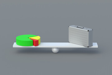 Suitcase and pie chart on scales. Balance of the report, projected profit with real income, earnings. Fair accounting. 3d render