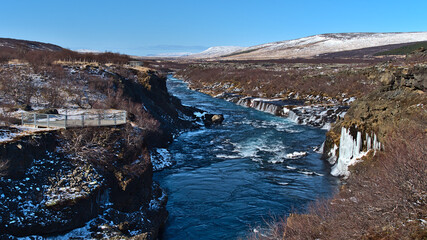 Beautiful view of Hraunfossar cascades (Icelandic: lava waterfalls) near Húsafell in west Iceland...