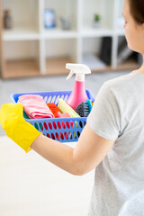 Cleaning service. Housework company. Home hygiene. Unrecognizable woman in protective gloves holding basket with cleaner spray soapy sponges brush microfiber cloth light room back view.