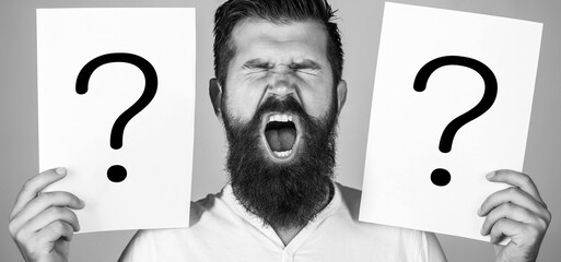 Male with emotion scream, question marks. Screaming man. Getting answers, scream. Question mark,...