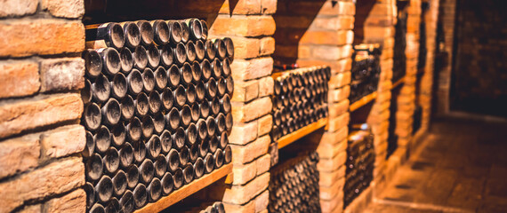 Old wine bottles dusting in an underground tratitional cellar... Small and old wine cellar with...