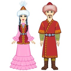 Animation  portrait of  Asian family in a national hat and clothes. Full growth. Central Asia. Vector illustration isolated on a white background.