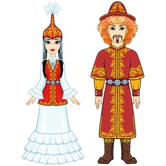 Animation  portrait of  Asian family in a national hat and clothes. Full growth. Central Asia. Vector illustration isolated on a white background.