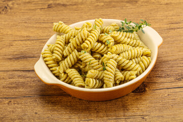 Italian pasta Fusilli with pesto