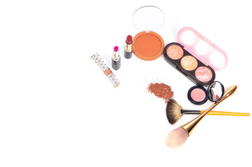 Makeup brush and cosmetic set of blogger trend on white background