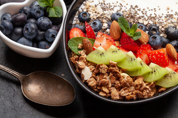 Healthy breakfast with bowl of granola, yogurt and fresh berries