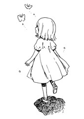 Fototapeta premium 蝶を追いかける女の子のイラスト ペン画 落書き