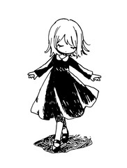 スカートを翻す女の子のイラスト　ペン画　落書き