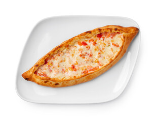Turkish boat-shaped flatbread pide isolated on white