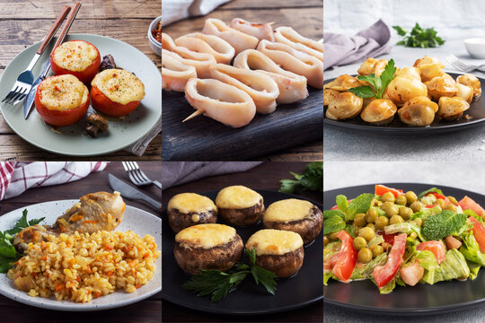 Collage of different photos of delicious food. A set of images with edible dishes.