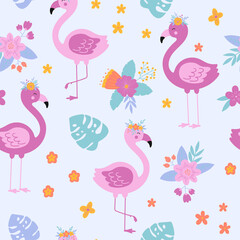 Fototapeta premium animal, background, beautiful, bird, botanical, cartoon, colorful, cute, decoration, decorative, design, exotic, fabric, fashion, flamingo, floral, flower, garden, illustration, jungle, leaf, nature, 