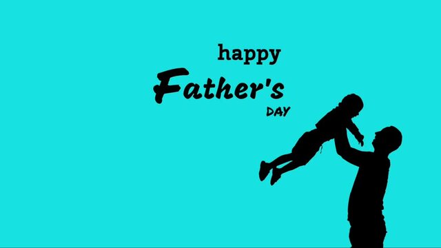 Happy father's day text writing on blue background with son and dadsticker,A father makes his child happy and bounces in the air,Happy Father's Day celebration concept,