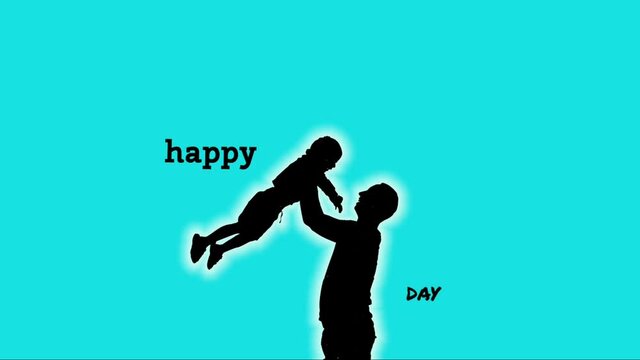 father makes his child happy and bounces in the air,Happy father's day text writing on blue background with son and dad stiker,Father's Day celebration